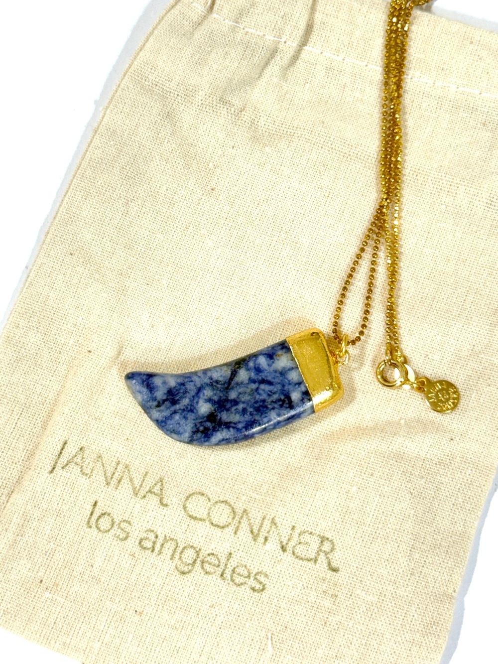 Janna Conner Blue Sodalite Horn Pendant on Delicate Gold Ball Bead Chain NWT - Picture 2 of 8